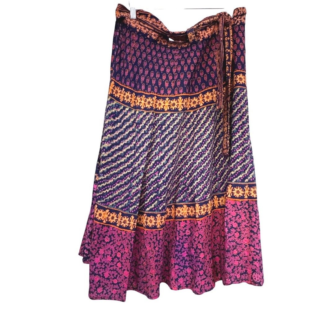 Vintage India Cotton Wrap Skirt Boho Block Print Purple Orange Midi Skirt Cotton